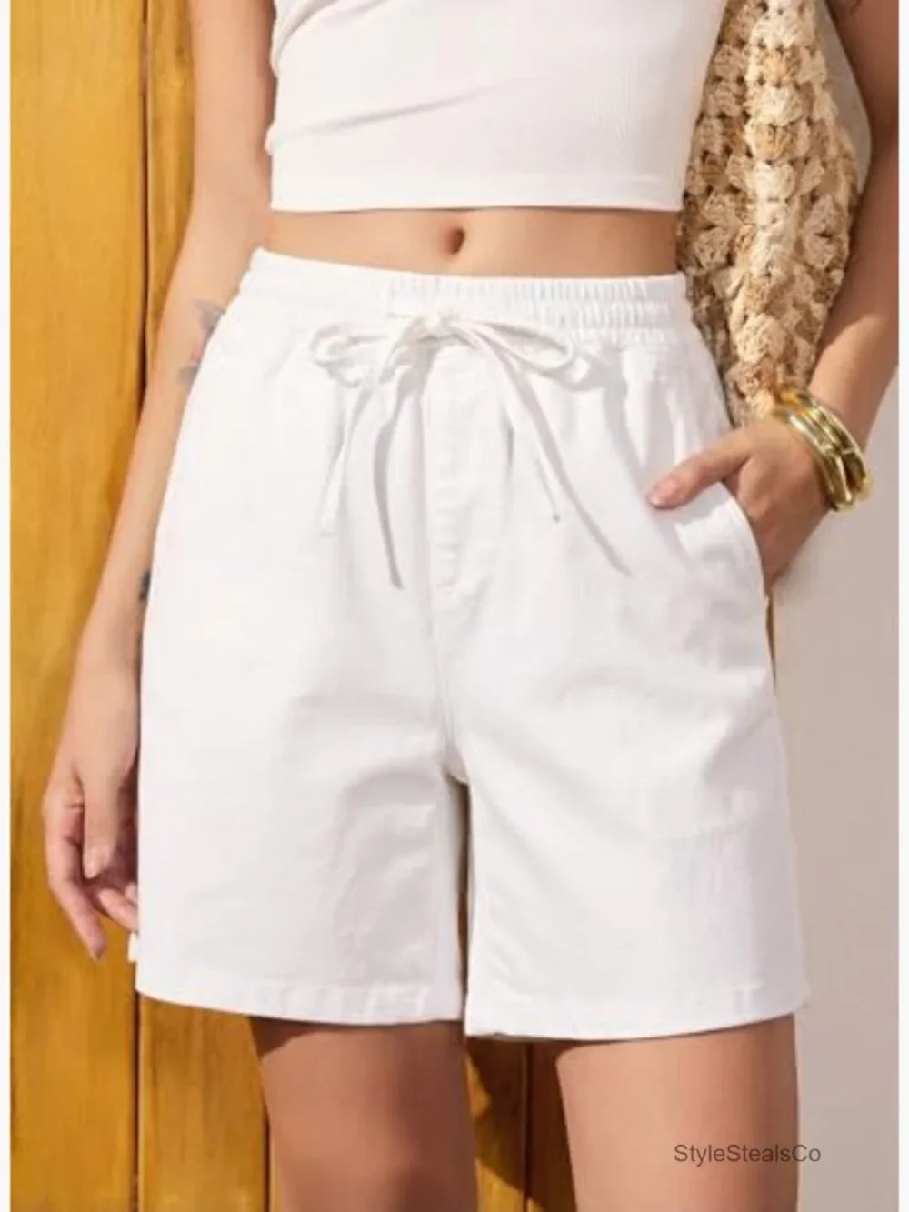 High Waisted Jean Shorts Stretchy Drawstring Elastic Waist Baggy Denim Shorts